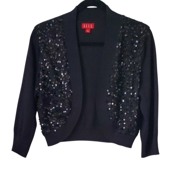 Elle Sweaters - Elle Black Sequin Open Front Cropped Shrug Cardigan Sweater 3/4 Sleeve Size L